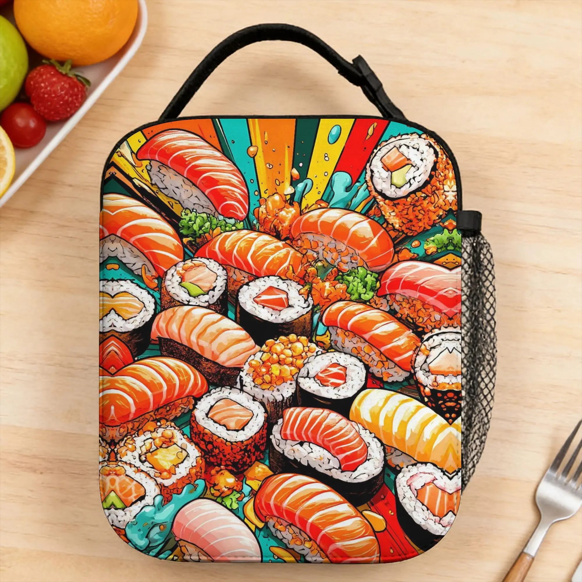 Lunch Bag Colorful Explosion Sushi Pattern Office Lunch Box For Unisex  Leisure Portable Print Thermal Tote Handbags
