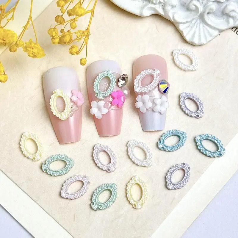 Macaron Gekleurde Retro Fotolijst Nagelbedels Uitgehold Ovaal Frame Hars Nail Art Decoraties voor DIY Telefoonhoesje Nagelontwerpen