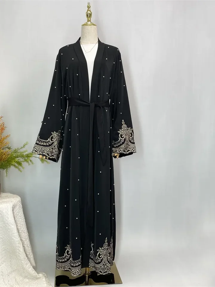 رمضان جلابية أزياء إسلامية عباية نسائية مفتوحة دانتيل مع لؤلؤ ملابس فساتين إسلامية للنساء نيدا عيد قفطان مغربي #3