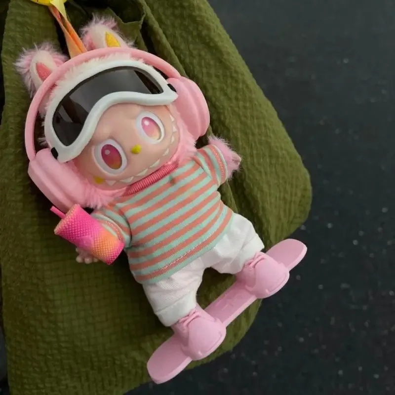 

Clothes For Labubu 17cm Doll Gen 1-3 Cute Rainbow Pink Overalls Set With Headphones And Shoe Apparel Hanging Accessories