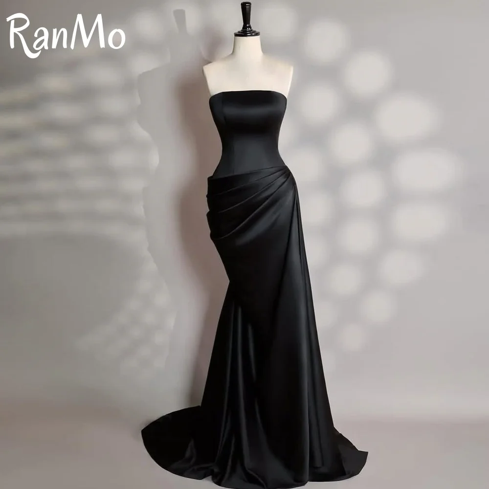 Ranmo カスタマイズされたロングブラックストラップレスウェディングシュートドレスマーメイドサテンプリーツ حزب اللباس スイープトレインイブニングドレス女性用