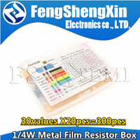 30values X20pcs=300pcs 1/4W Metal Film Resistor Kit 1% Resistor Assorted Kit Resistors Set 10R -1M Ohm Resistance Box