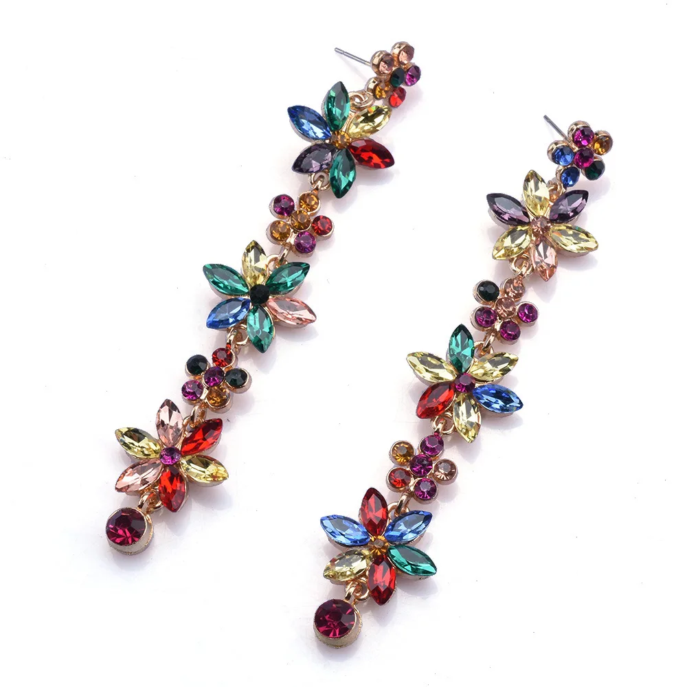 New Exaggerated Earrings Cross-border Fashion Personality Long Flower Geometric Stud Earrings Full Diamond Earrings Jewelry