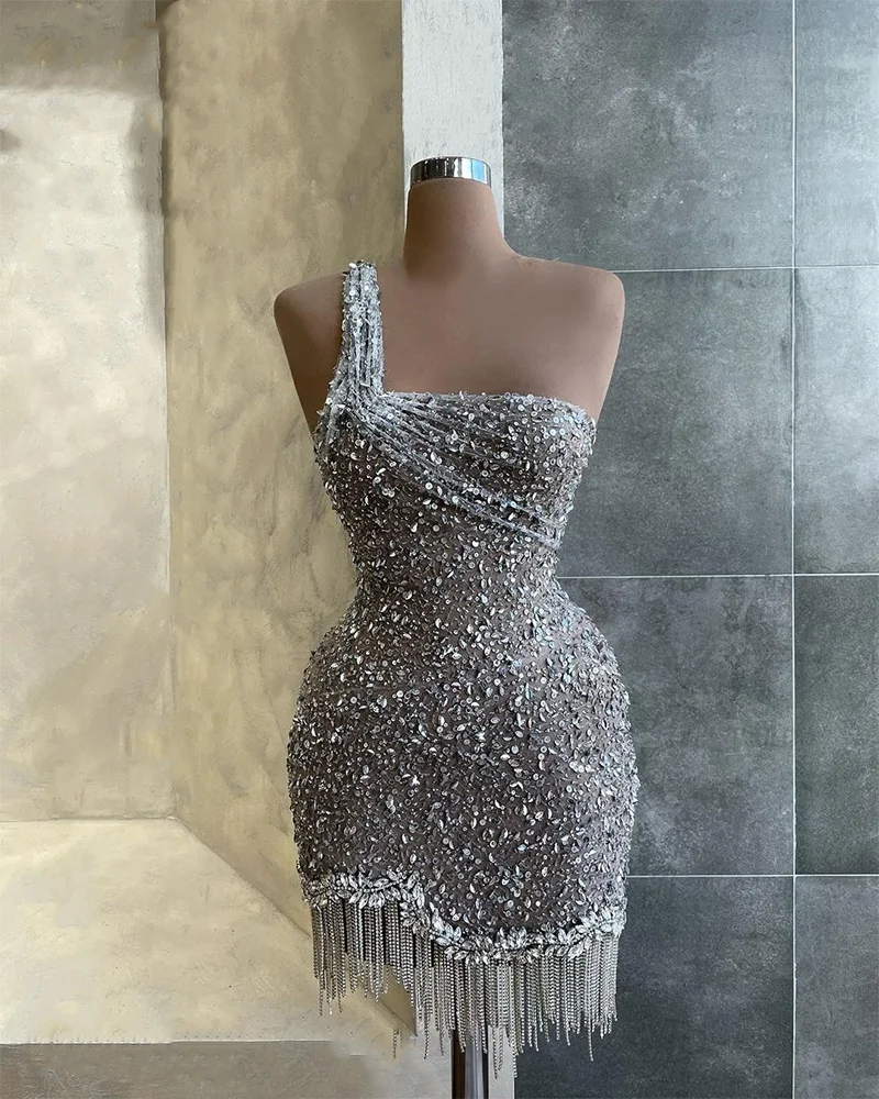 2 Designs Silver Prom Dresses Glitter Crystals Tassel One Shoulder Cocktail Dress Sexy Mini Vestidos De Noche Custom Made