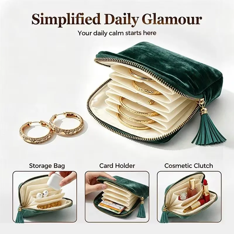 Velvet Travel Jewelry Bag Multi-Layer Bracelet Bangle Storage Pouch with Tassel Zipper Portable Jewelry Organizer Case for Women