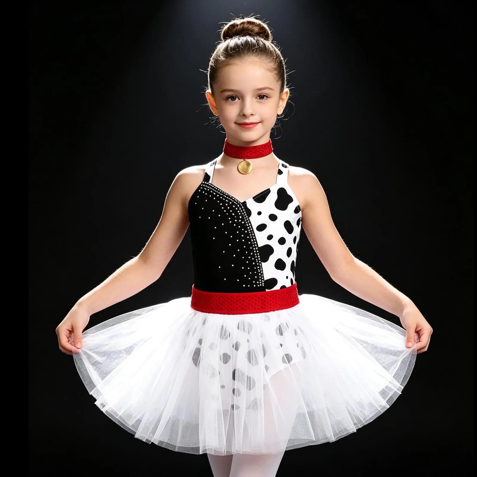 Ballet Tutu Dress Matching Choker Rhinestones Tulle Hem Buttoned Crotch Bodysuit Dress for Halloween Dalmatians Cosplay Costume