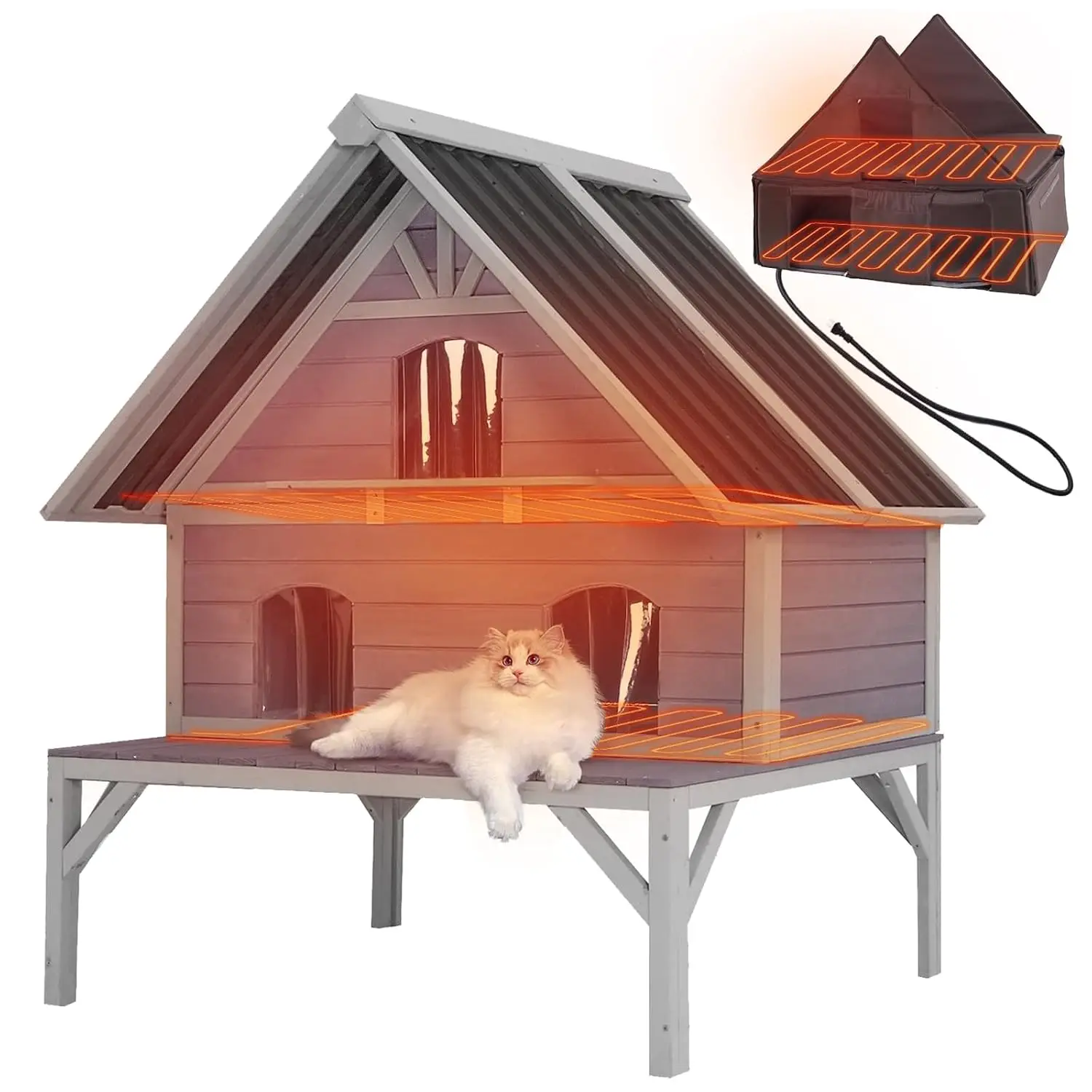 Heated Cat House with Insulated Liner & Raised Legs, Indoor Outdoor Pet Shelter with Large Platforms, Customized
