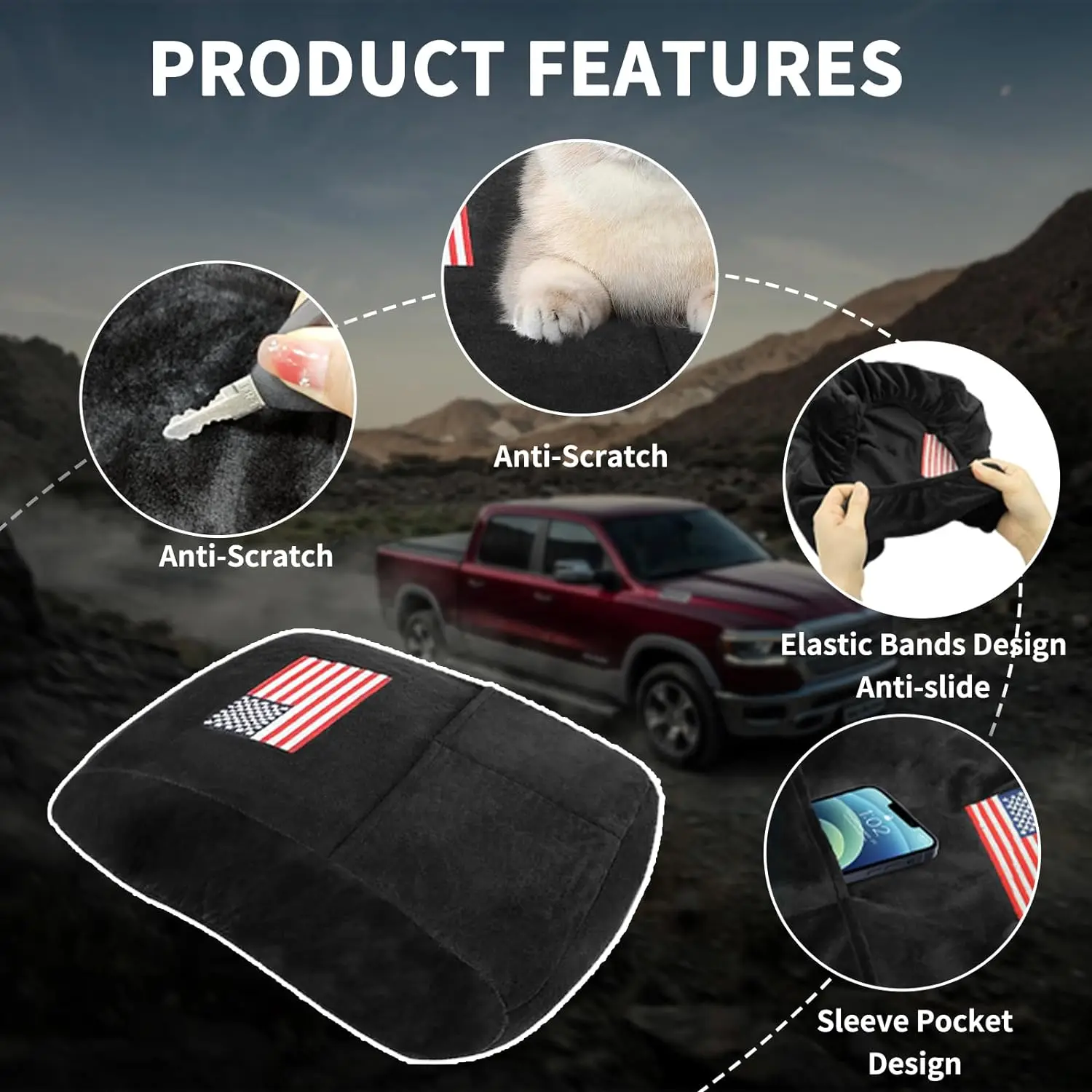 Center Console armrest Cushion Protective Cover with Pocket Compatible with 2013-2023 Dodge Ram 1500 2500 3500 Accessories