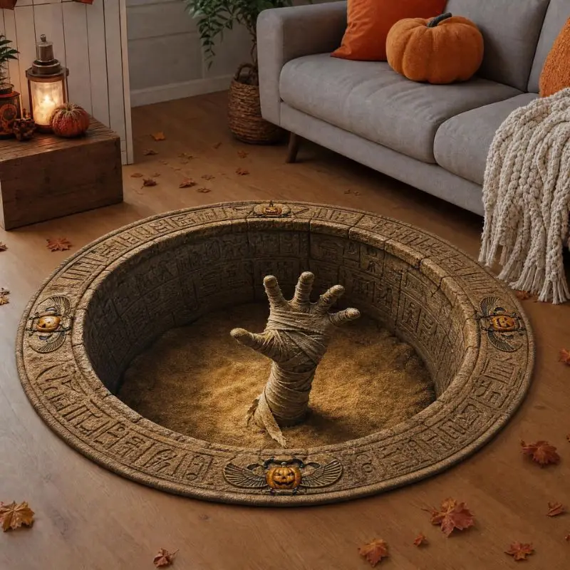 VIKAMA Halloween Round Rug Skeleton Hands Pit 3D Illusion Pumpkins Non Slip Area Rug Living Room Spooky Decor Washable Durable