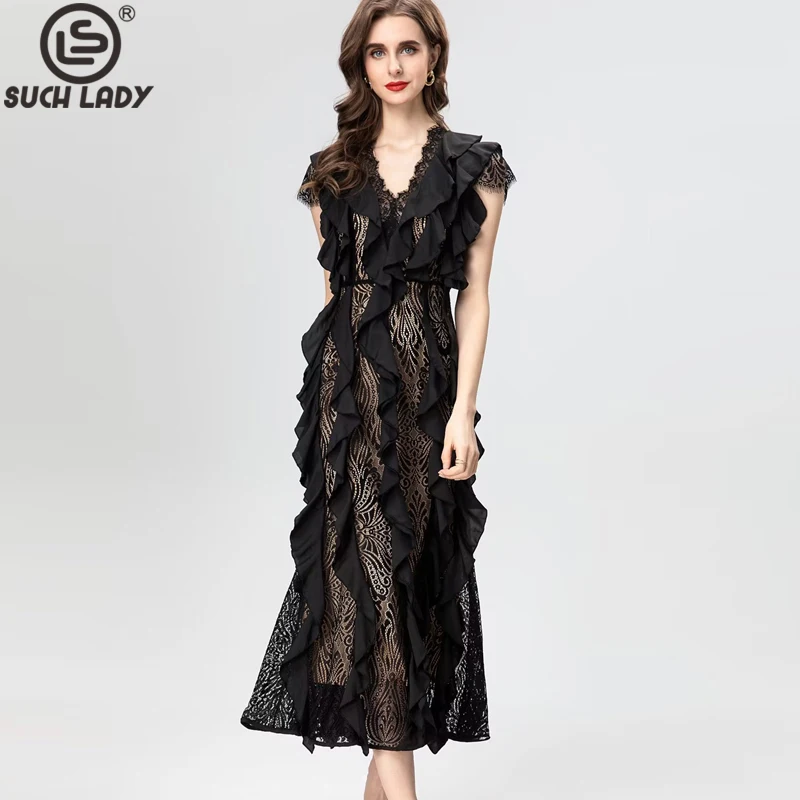 

Women's Runway Dresses Sexy V Neck Short Sleeves Embroidery Lace Ruffles Elegant Fashion Designer Mid Vestidos