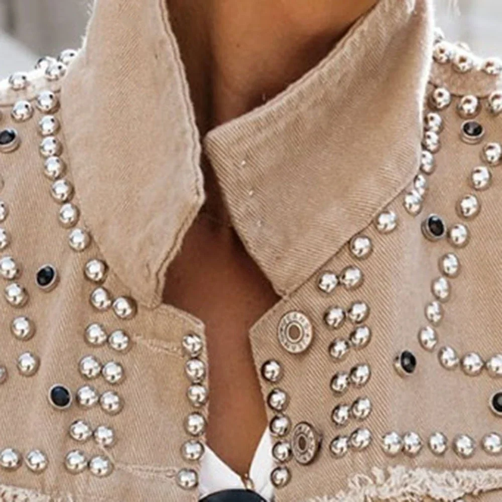 Chaquetas vaqueras con remaches para mujer, locomotora lavada, cuello vuelto, botonadura única, vintage, ropa de calle de manga larga