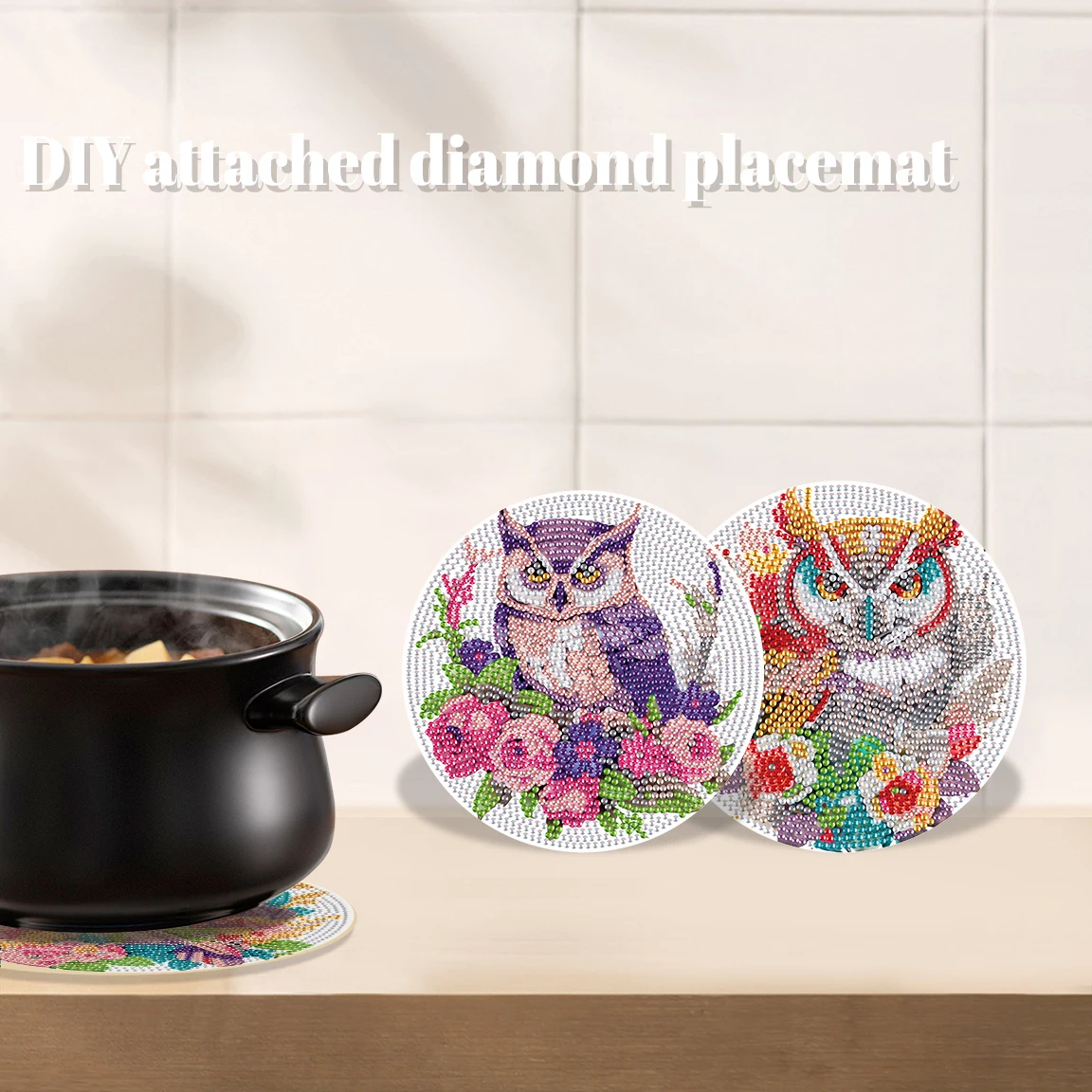 3 stuks Diamond Art schilderij placemat kit, kleurrijke uil diamant ronde placemats ambachtelijke placemats tafel keuken voor Home Decor Gift
