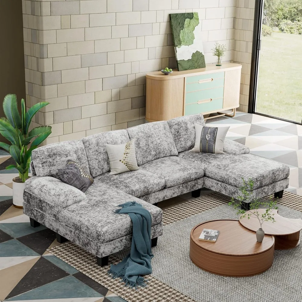 

Convertible sectional sofa, modern fabric U-shaped living room furniture set with double chaise longue and memory foam