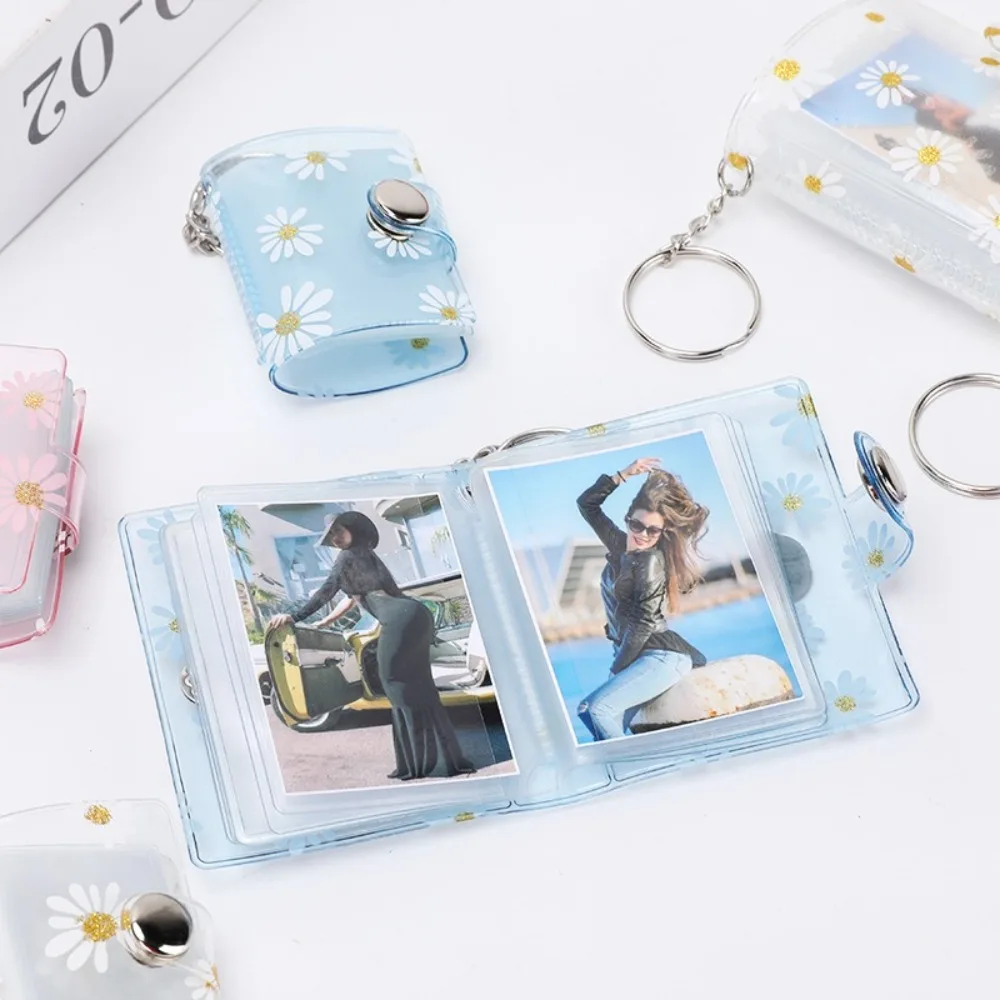 Mini Photo Album Women 1/2 Inch Storage Photo Card Holder Portable Pocket PVC Album with Keychain Backpack Keyring