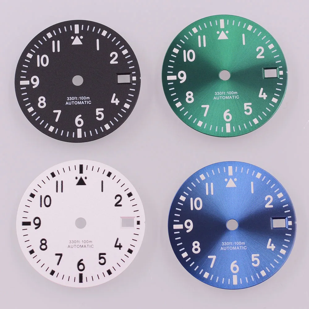 

29 мм белый, синий, черный, зеленый стерильный циферблат для часов, зеленый светящийся, подходит для NH35, NH36, детали для часов с механизмом