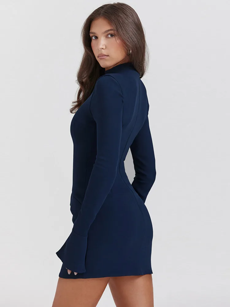 2025 Autumn Winter New Dark Blue Two Pocket Sexy Mini Dress For Women Long Sleeve Bodycon Club Party Dress Elegant