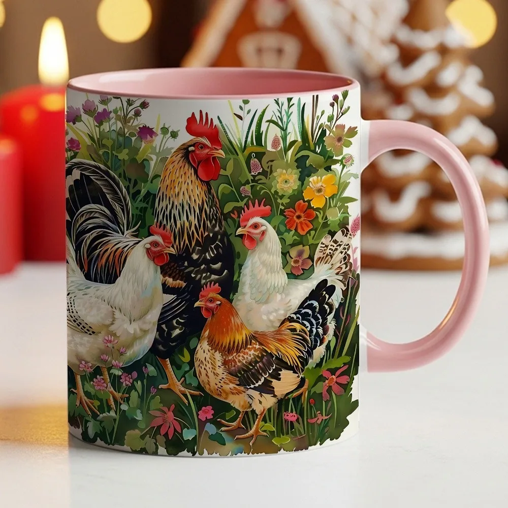 1 Chicken Pattern Ceramic Coffee Mug | Farmhouse Style Coffee Mug, Perfect Gift for Family and Friends, Rooster and Hen Floral Design, Drinking Utensils for Daily Use, Housewarming Gifts