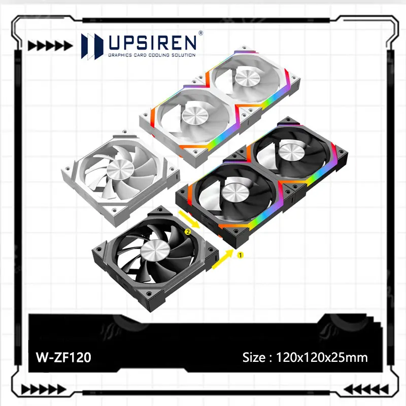 UPSIREN W-ZF120 مروحة تبريد هيكل الربط اللاسلكي، 3 في 1 ARGB 120x120x25mm مروحة تبريد وحدة المعالجة المركزية، مزامنة اللوحة الأم PWM/ARGB