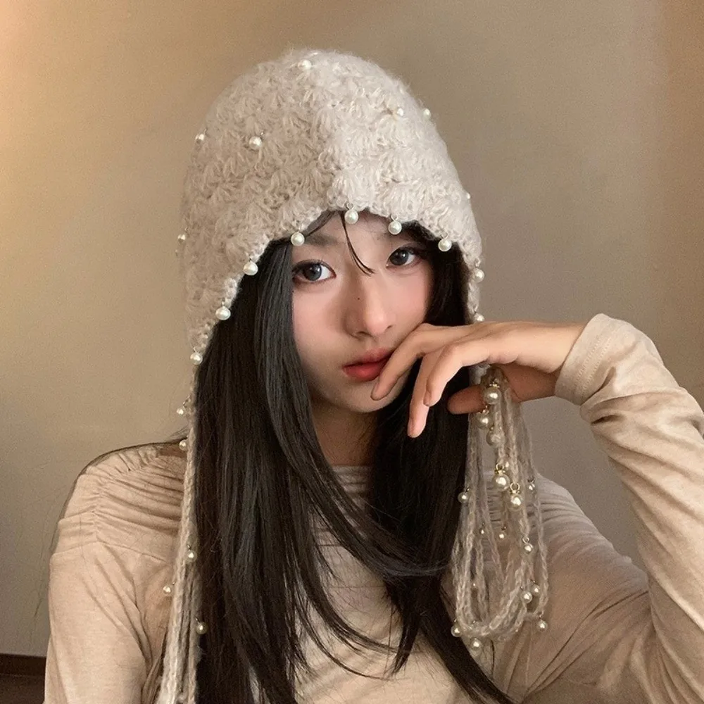 Versatile Hollow Out Knitted Pullover Hat Stretchable Winter Warm Fringed Beanie Cap Pearl Tassel Pendant Headband Hat for Women