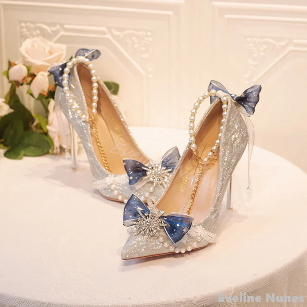 Shiny Rhinestone Chain Lolita Pumps Women Pointed Toe Lace Ankle Buckle Sexy Stiletto Heels Spring Party Wedding Fashion Pumps