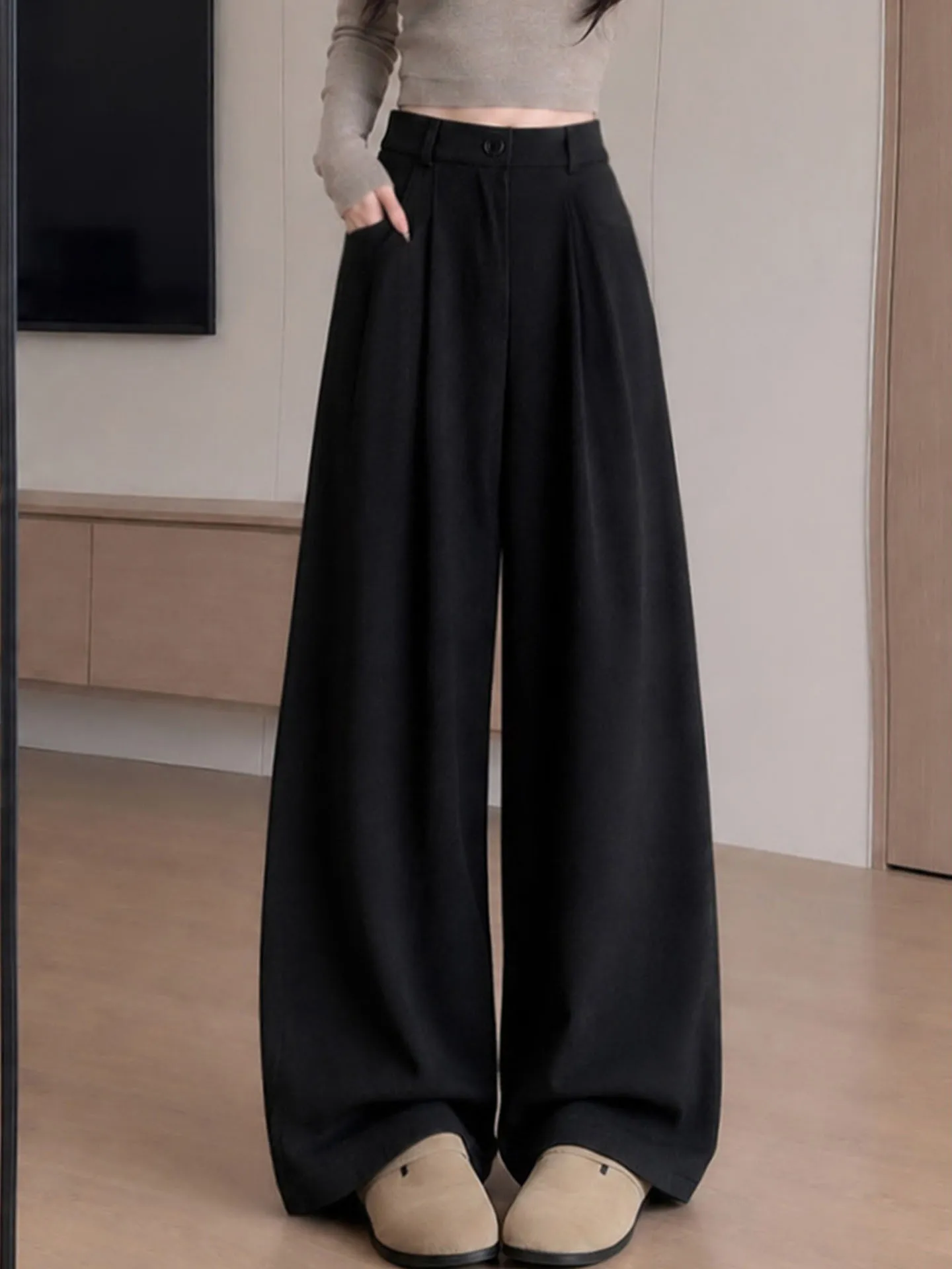plus Size Women's High Waist Straight Leg Pants Drapey Suit Wide Leg Pants Casual Pure Color Pocket Button Fastening