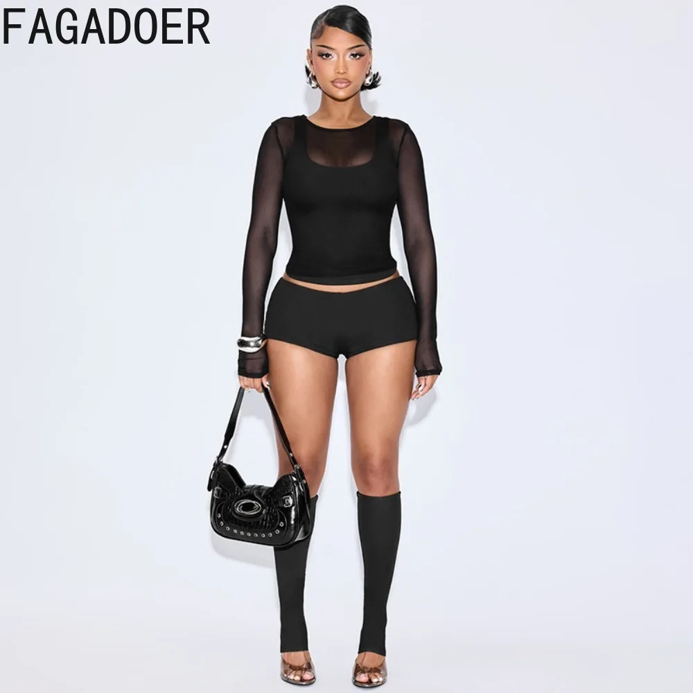 FAGADOER Sexy Mesh 4 Pieces Set for Woman Outfits Solid Color Long Sleeve Crop Top + Shorts Matching Female Streetwear Clothing - Image 4