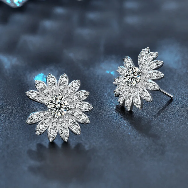 S925 Silver Needle Daisy Earrings, Pure Silver Wholesale Moissanite Flower Earrings, Fashionable Summer Earrings for Girls