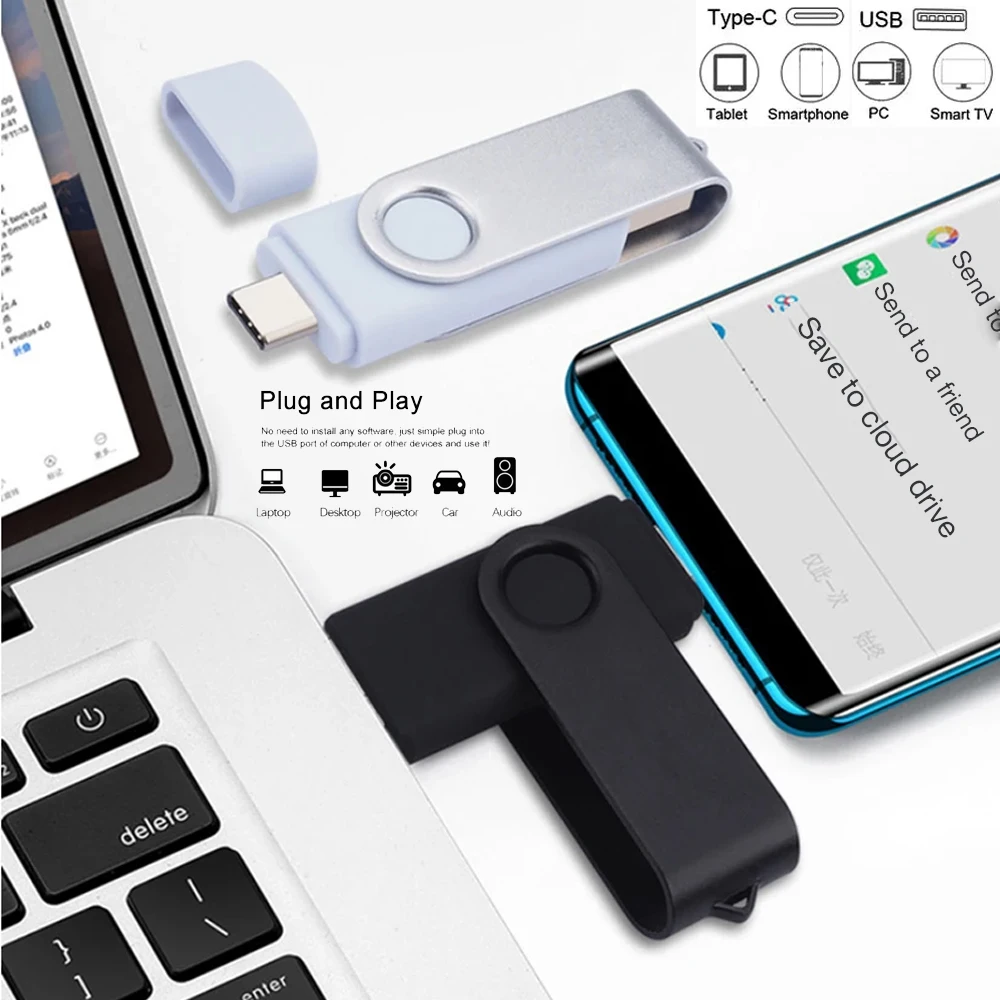 100PCS TYPE-C USB2.0 Flash Drive 128GB Christmas Gifts Pen Drive 64GB Free Custom Logo Memory Stick 32G Real Capacity U Disk 16G