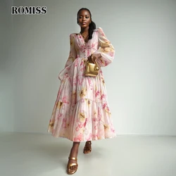 ROMISS Hit Color Floral Printing Patchwork Button Dresses For Women V Neck Long Sleeve High Waist Lace Up Dress Female Fashi