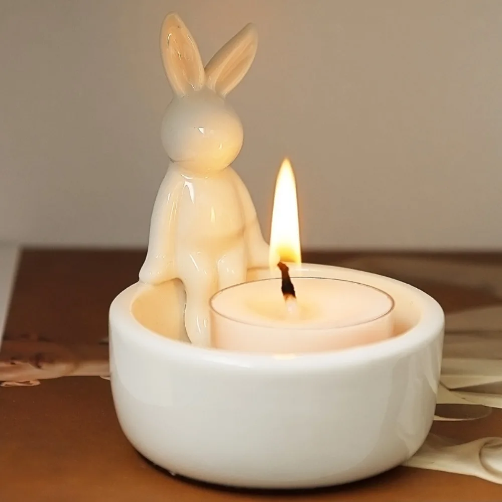 Adorable Ceramic Easter Rabbit Candlestick Heat Resistant Nordic Style Tealight Holder White Desktop Candelabrum Living Room