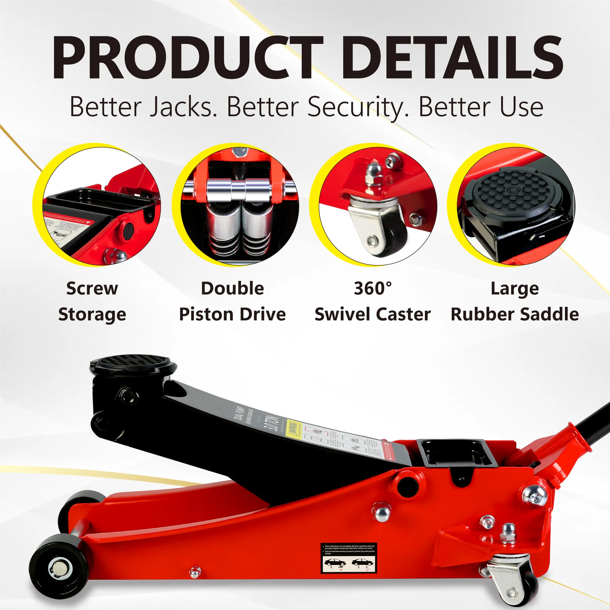 3t Low Profile Jack, Red and Black, Ultra Low Floor Jack with Dual Pistons Quick Lift Pump, Car Jack Hydraulic AutoLifts for Hom