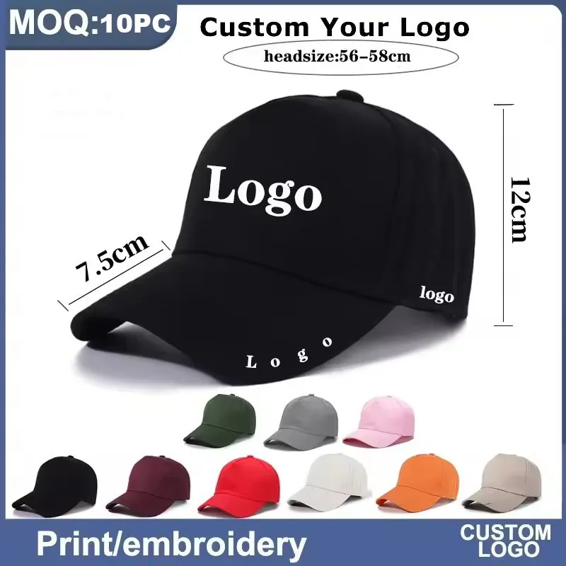 10pcs Custom Logo Unisex 100% Cotton Baseball Cap Fashion Women Adjustable Golf Hat Men Outdoor Casual Snapback Trucker Caps