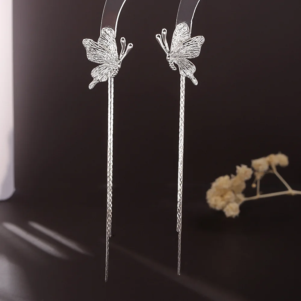 

Butterfly long tassel earrings metal cold style fashionable temperament earrings high-end fashion elegant versatile earrings