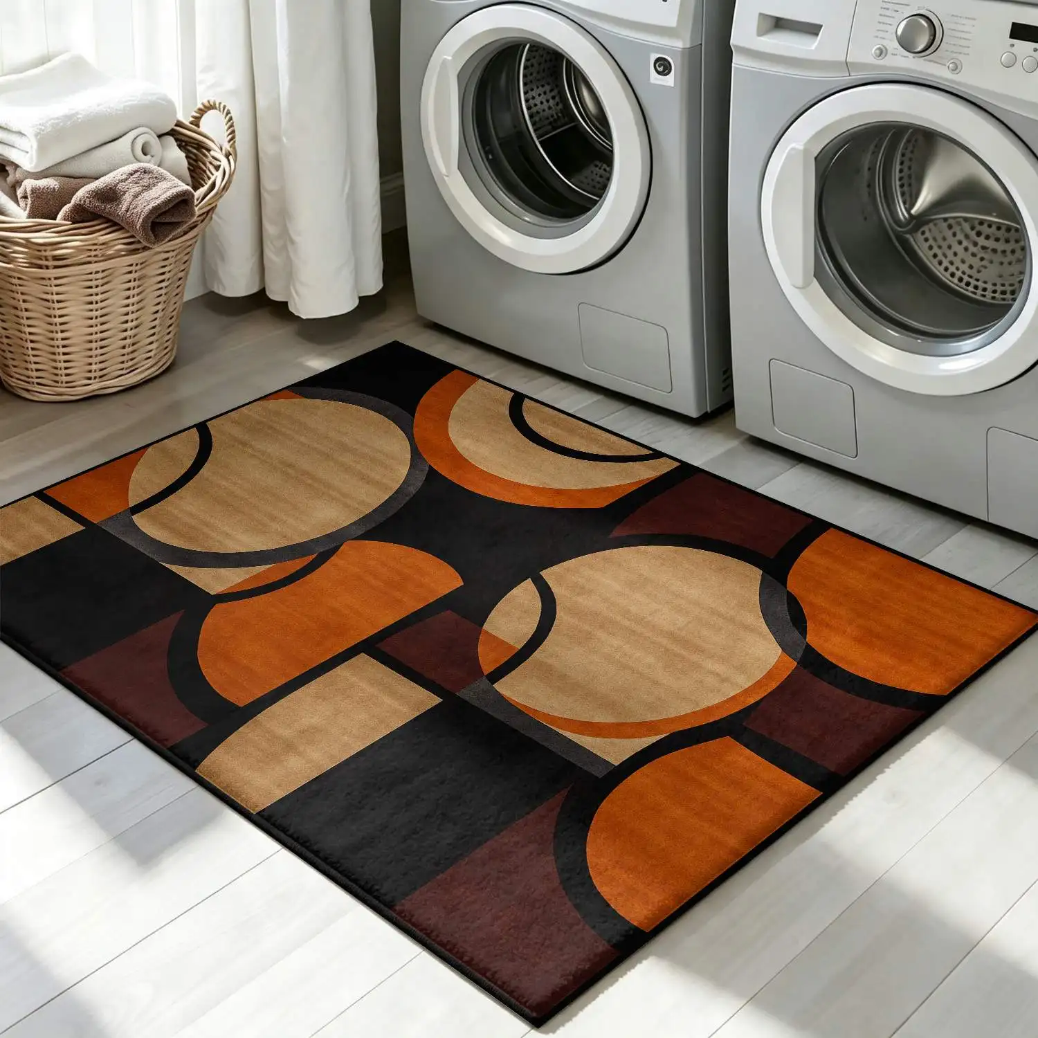 1Pc 2D Printed Carpet: Brown-Orange Geometric Abstract Patterns, Nordic/Modern Minimalist/European/Vintage Styles, Multi-Size, Machine Washable, Ideal for Home Decor Including Entryway, Dining Room, Foyer, Bedroom, Living Room