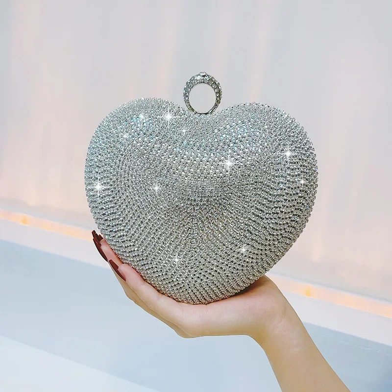 

Ladies Luxury Dinner Evening Bags Shining Silver Color Diamond Heart Clutches Small Handbag For Women Wedding Party Shoulder Bag