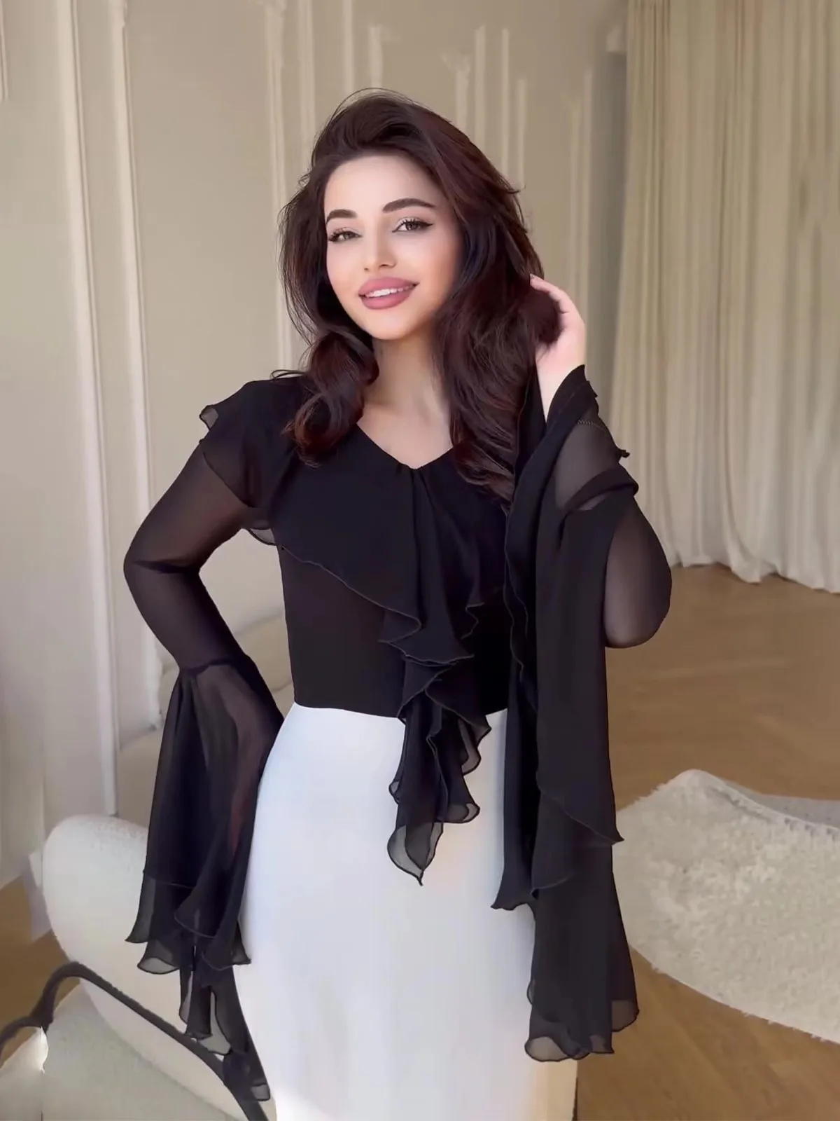 Sweet Long Sve Lotus Le Trim Dr. Bodycon Mid Waist Splice Sle Faionable Ele Damen Dr V Ne Reißverschluss