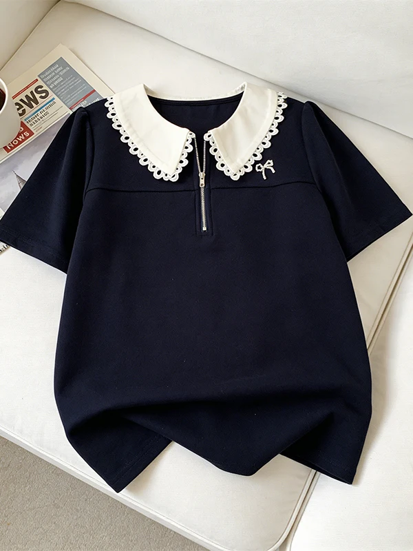 plus Size Contrast Color Doll Collar T-Shirt Women's Summer New Gentle Style Short Sleeve Half Zipper Top for Plump MM