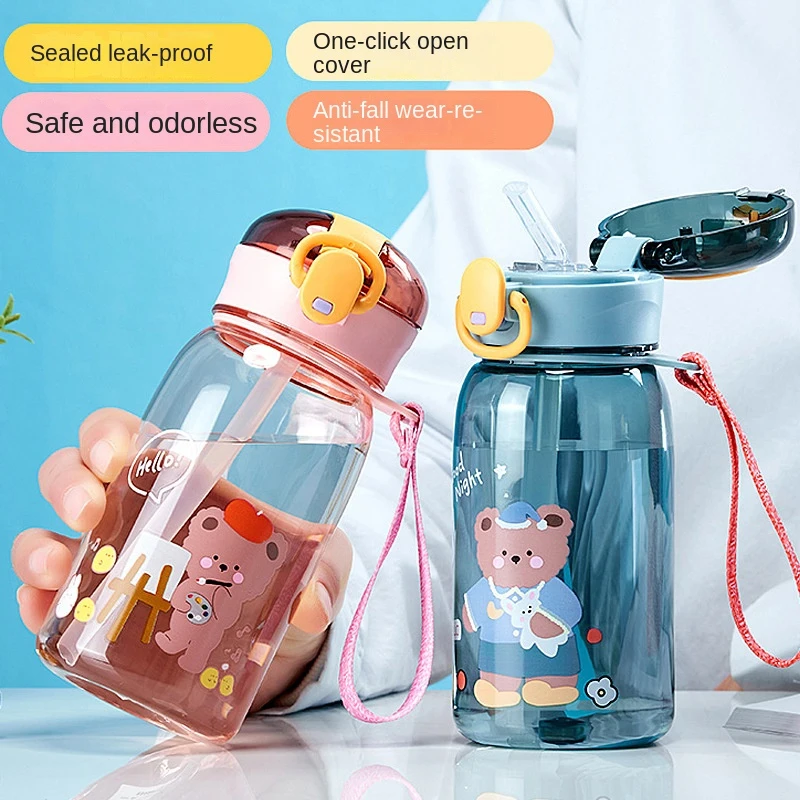 Summer Primary School Students Portable Bear Cartoon Straw Water Cup Color Transparent Pc Plastic Space Sports Kettle