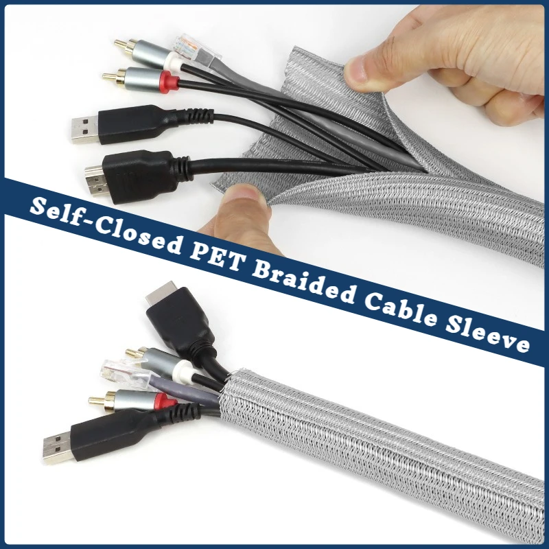 

1/5/50m Self Close PET Expandable Braided Sleeve Grey 3~25mm Self-Closed Line Organizer Insulated Wrap Sleeved Cable Protection
