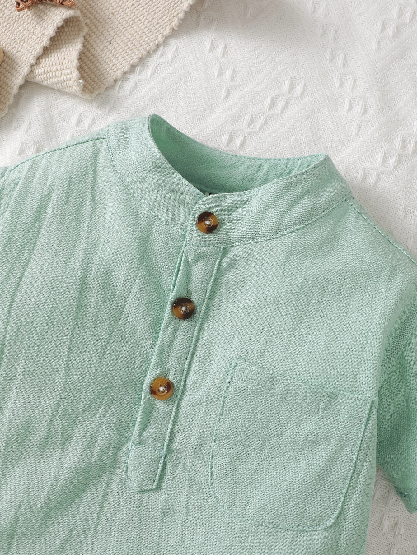 Baby Boys Mint Green Small Fresh Top Small Stand Collar Pocket All Short Sleeved Baby Boys Partial Formal Wind Summer T-Shirt