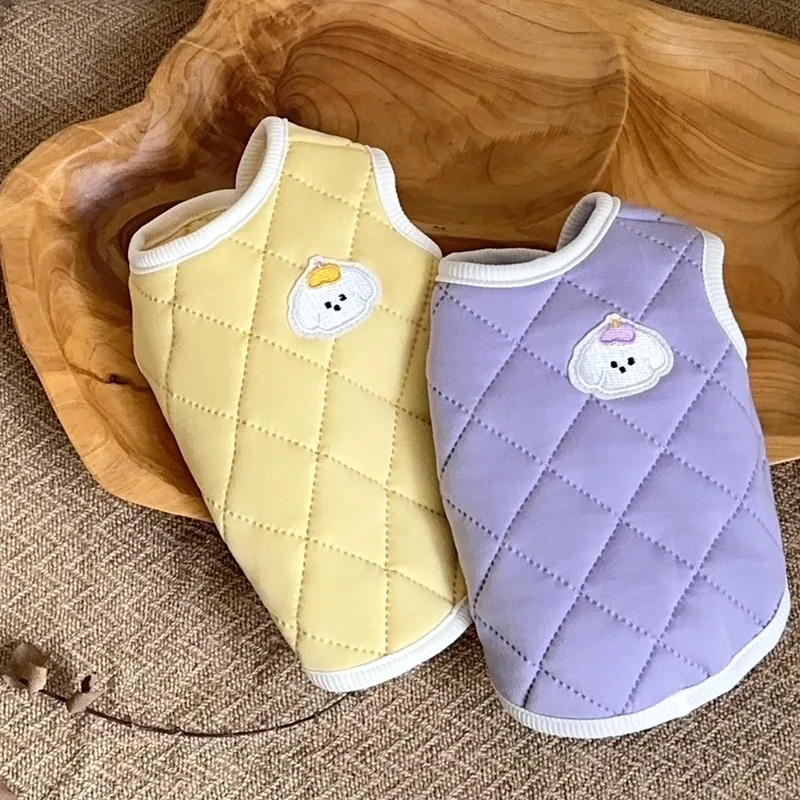 Checkered Embossed Pattern Dog Clothes Solid Color Pet Cotton Jacket Schnauzer Sleeveless Vest Small Dog Warm Down Jacket