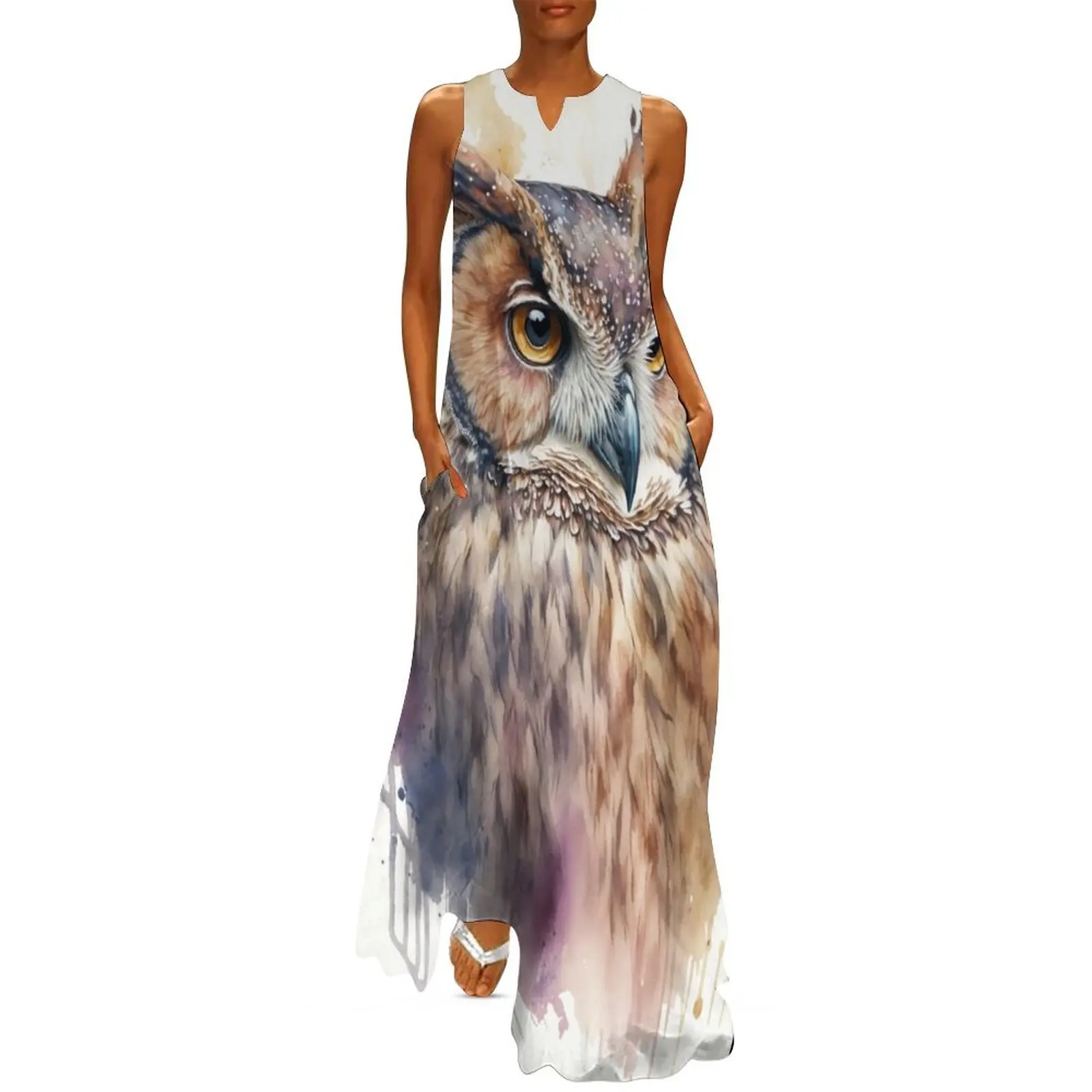 

Boho Owl: Watercolor painting of a Beautiful Owl Long Dress women long dresses womans clothing