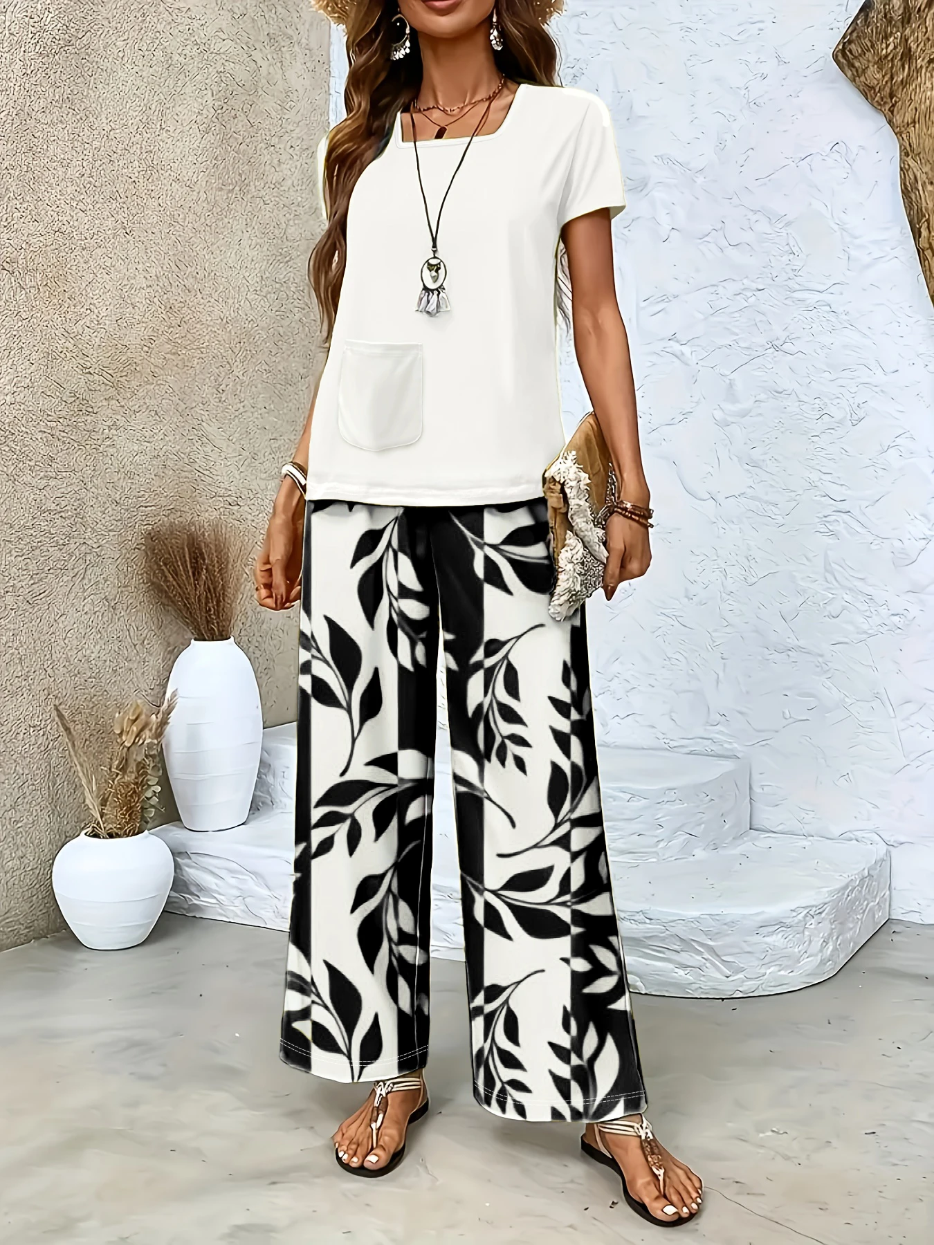 

2-Piece Set of Women's Autumn Pajamas with Floral Print, Comfortable, Casual, Elegant, Short-Sleeved Top with Pockets and Long Pants