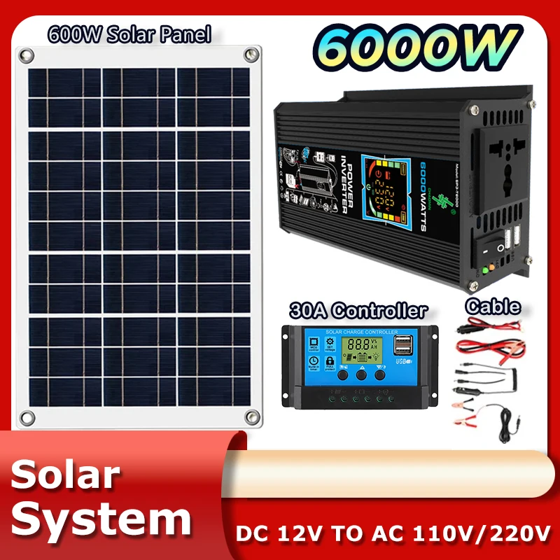 6000W Inverter 30A Controller 5V Solar Panel Smart Phone Car Charge Camping Home Solar Power System for Home Complete Kit RV