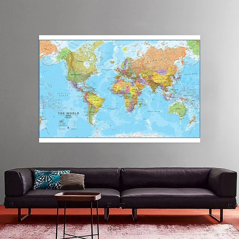 Mapa político del mundo de 150x100cm, póster de pared detallado, pinturas en lienzo impresas transparentes, decoración del hogar para el aula, suministros escolares