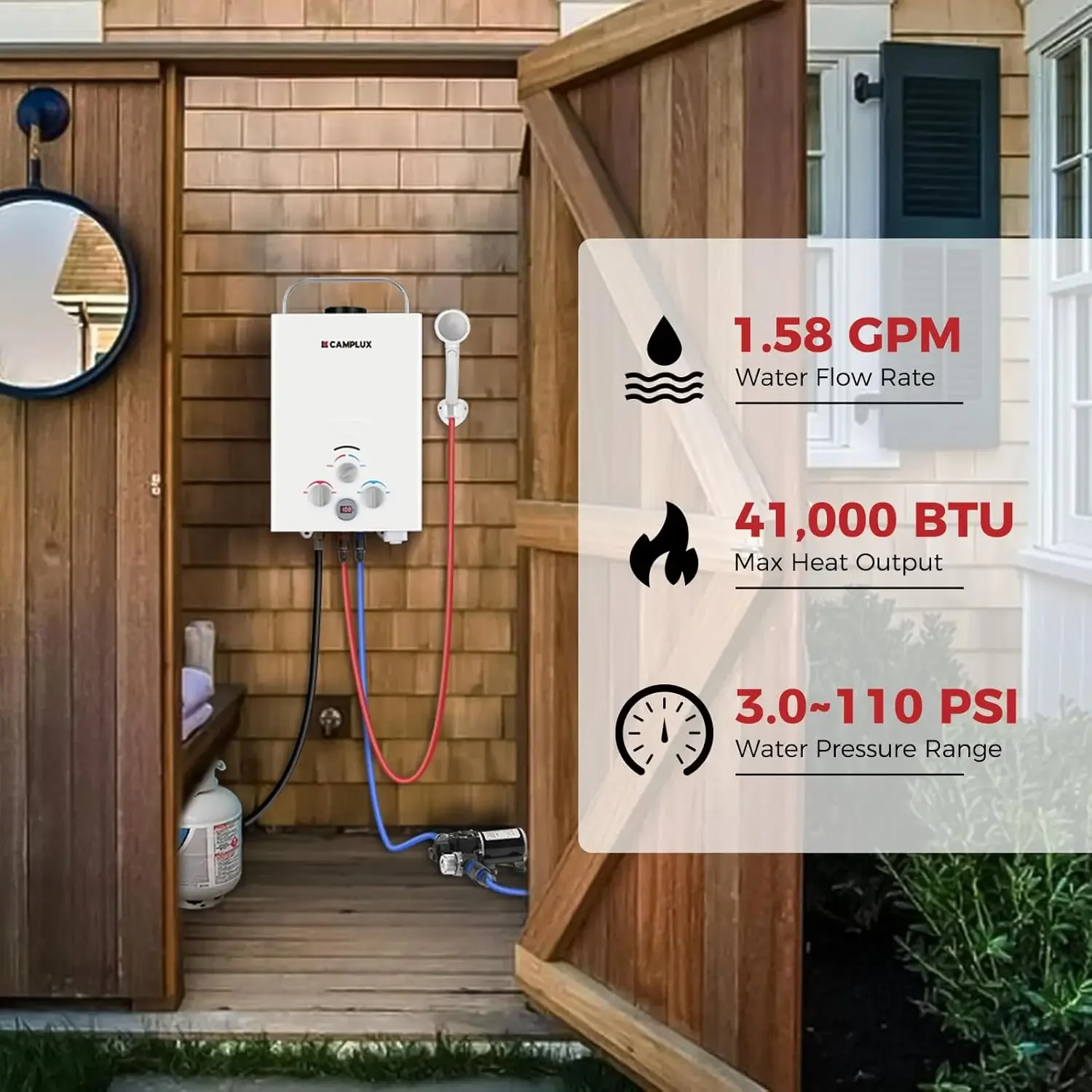 Aquecedor de água sem tanque, aquecedor de água portátil de propano de 1,58 GPM com kit de bomba, branco