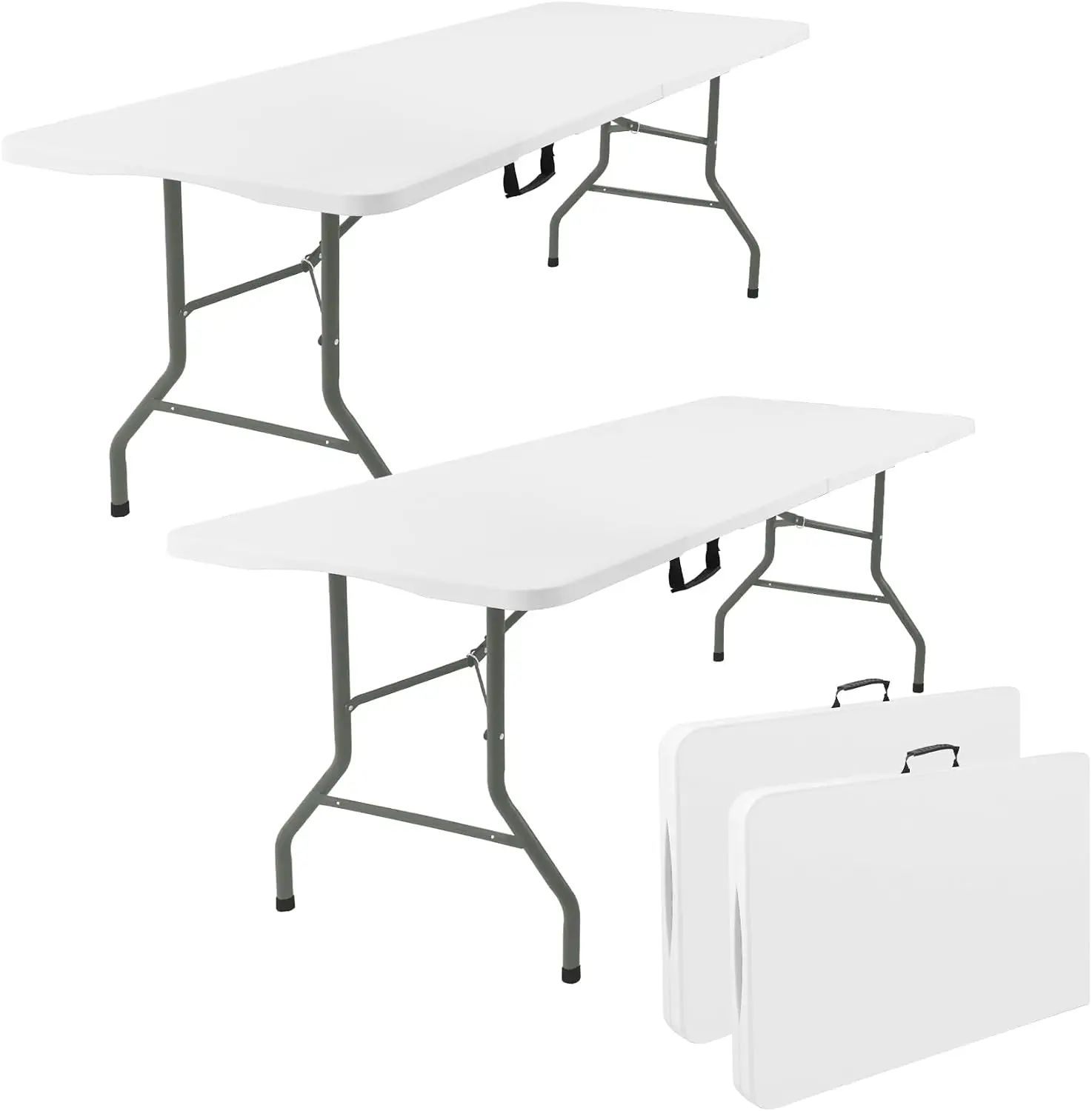 2 Pack 6 Feet Portable Folding Table White, Steel Legs Fold-in-Half with Carrying Handle Rectangular Plastic Foldable Table