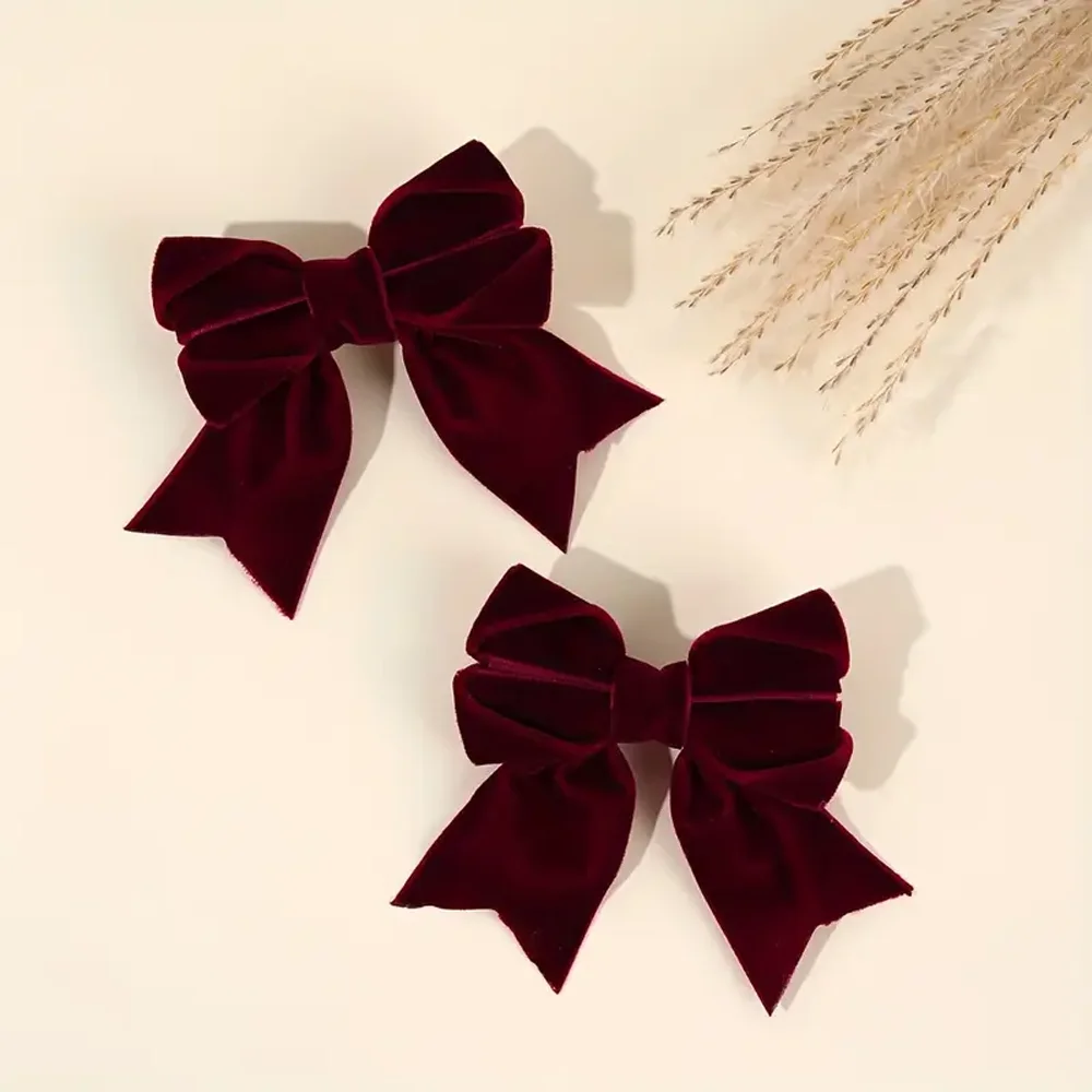 2Pcs New Elegant Burgundy Velvet Bow Hair Clips Handmade Bow Barrettes With Ruffled Edges For Girls Exquisite Hair Accessories