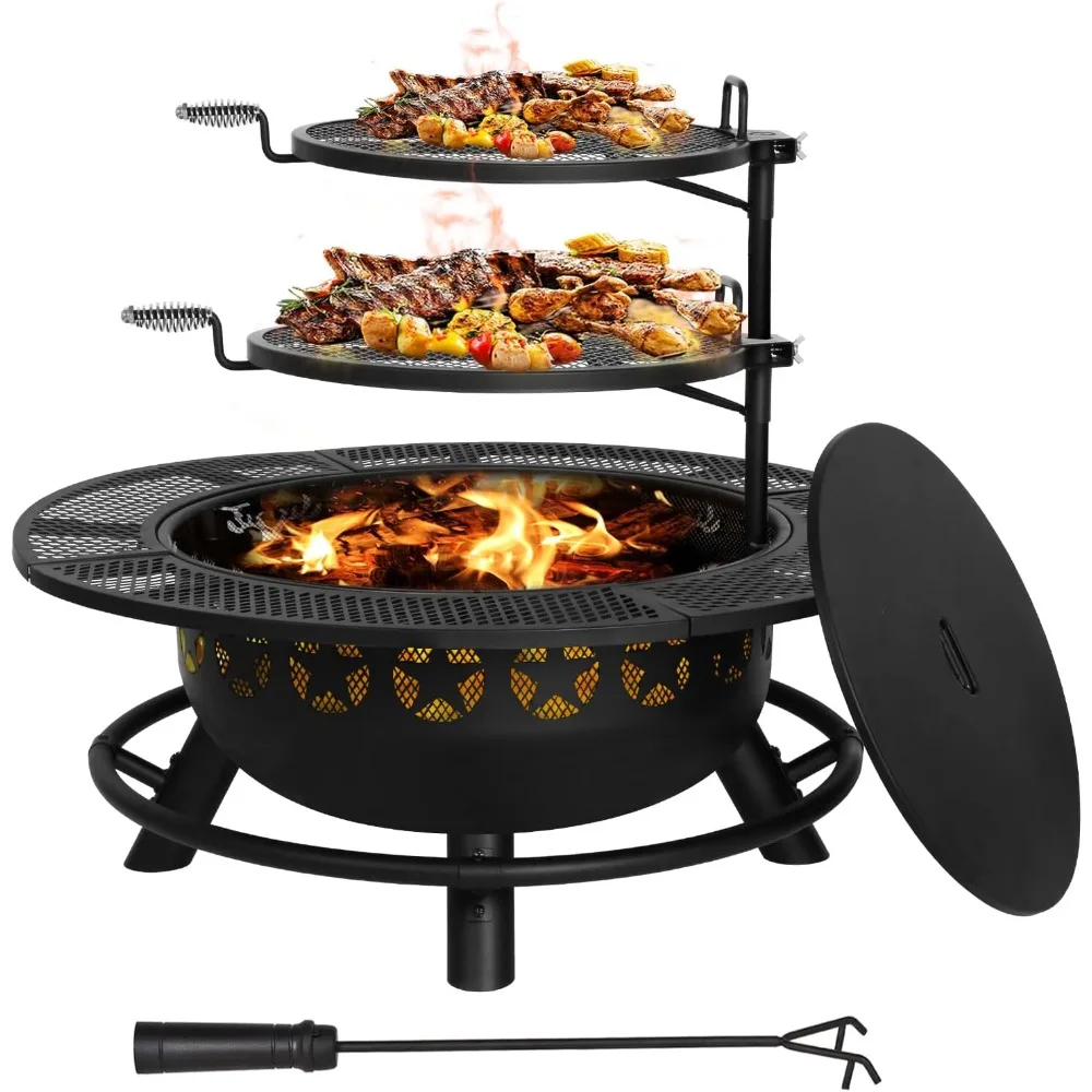 35 Inch Fire Pit with Cooking Grate & Charcoal Pan, Outdoor Wood Burning BBQ Grill Firepit Bowl with Cover Lid, Steel Round