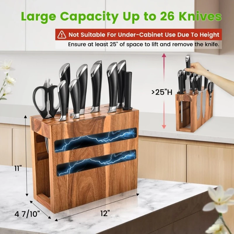 

Wooden Magnetic Knife Holder - Kitchen Knives & Scissors Storage Rack - Space Saving Tool Organizer